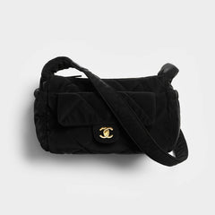 Chanel Large Bowling Bag With Velvet Effect Nylon And Gold Metal Logo Women's And Men's Fashionable Fall/winter Black Crossbody Bags #81986A