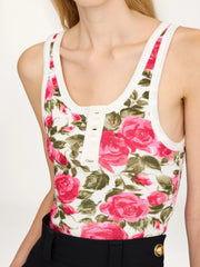 Chloe 26 Early Spring New Arrival Rose-print Cotton Knit Henley-style Crew Neck Women's Elegant And Delicate Tank Top Lady Vest # 196980