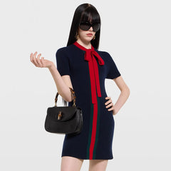 Gucci Women's Early Spring Decorative Ribbon Knit Blend Bow Dress Elegant And Fashionable Straight-cut Silhouette Lady Dress #194987