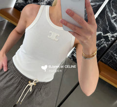 Celine Women's Summer Solid Color Embroidered Logo Print Round Neck Sleeveless Tank Top Vest #74998