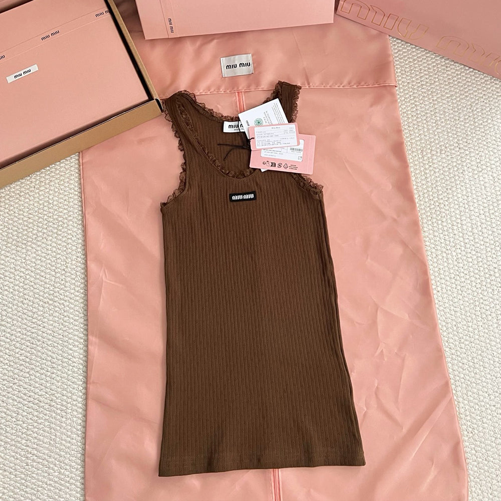 MiuMiu 2026 Spring New Arrival Women's Casual Sleeveless Lace-trimmed Fitted Khaki Knit Dress Cocoa Brown Garment-dyed Cotton Tank Top  Lady Vest #82985A