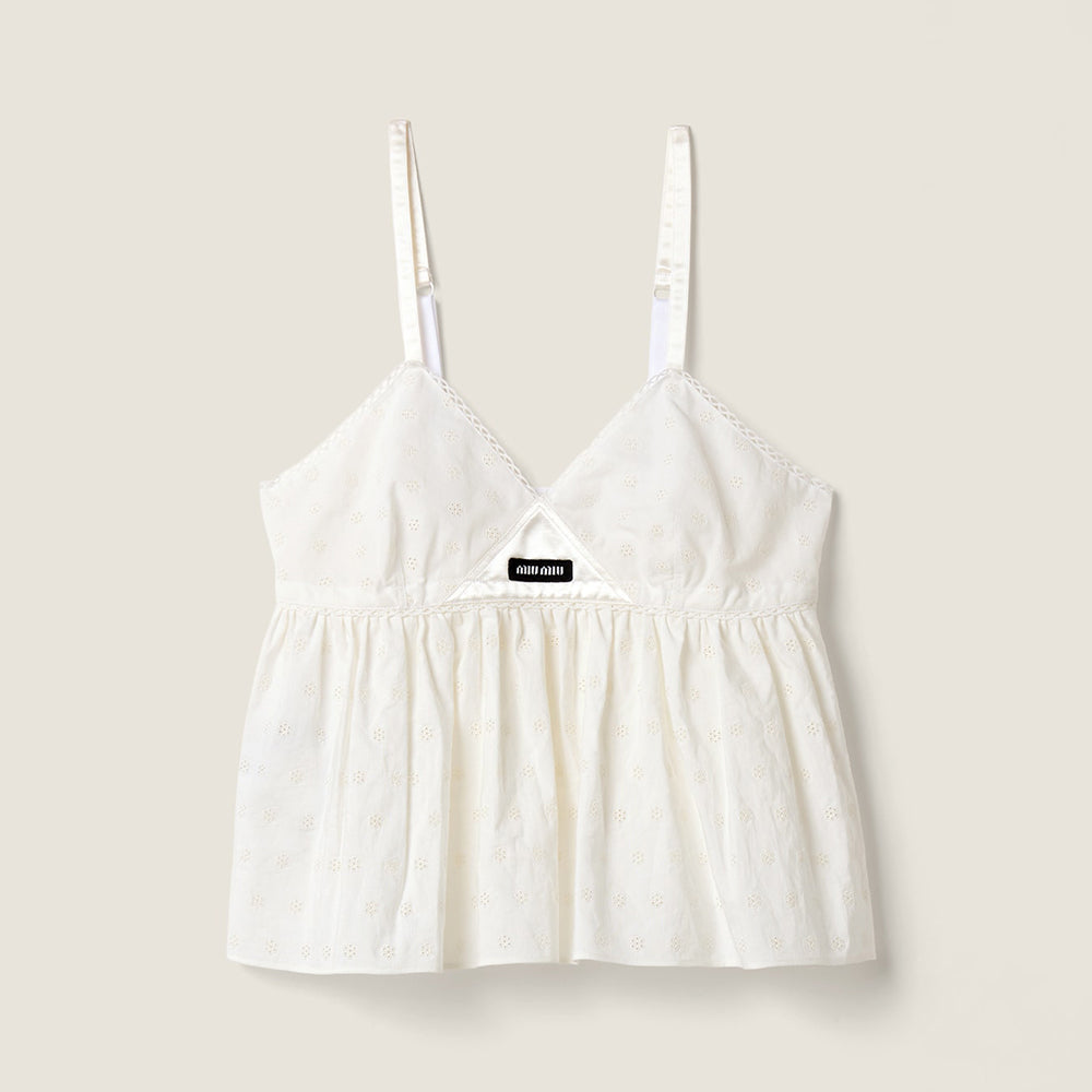 MiuMiu Women's Poplin-textured Embroidered Spaghetti-strap Top Spring/summer White Lace Cropped Tank Top Lady Vest #84198A
