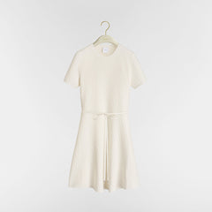 Dior Oblique Women's Beige Blue And Navy Jacquard Fitted A-line Dress With Bell Sleeves Short Sleeve Satin Belt And Cd Letter Knit Dress Lady #84131A
