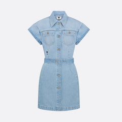 Dior Women's Summer High Street Denim Solid Color Belt Printed Pocket Button Cotton Short Sleeve Shirtdress Dresses #77854