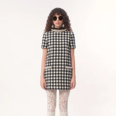 Valentino Women's Summer Embroidered Damir Light Tweed Rhinestone Round Neck Check Fitted Short Dresses Ngvp #9733