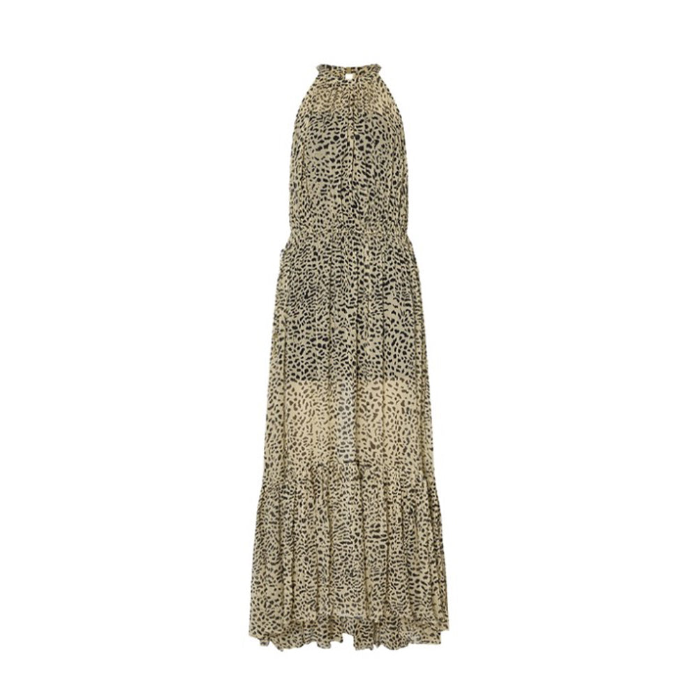 Saint Laurent Women's Summer Round Neck Pullover Silk Fit Sleeveless Leopard Print Long Dresses #71631