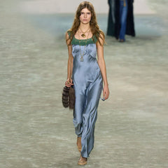 Chloe Women's 26s Grey-blue Satin Lace Dress New Spring/summer Collection Sweet And Elegant Straight-cut Maxi Dress Lady #197367