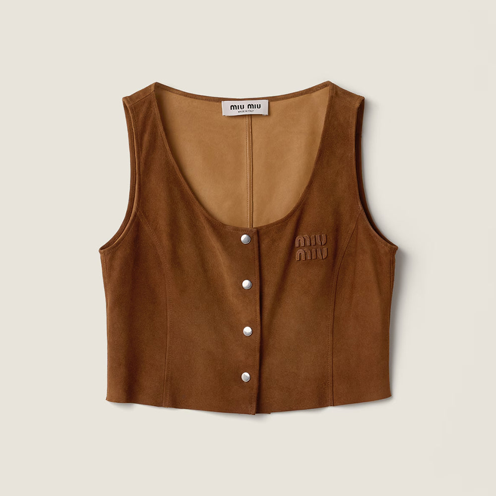 MiuMiu 2026 New Women's Brown Suede Crop Top With Metallic Buttons Retro And Fashionable High Waisted A Line Silhouette Vest Lady #197338