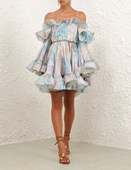 Zimmermann Women's Summer Blue Ruffle Design Adjustable Straps Silk Long Sleeve Dress #75613