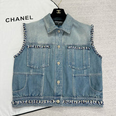 Chanel Women's Summer Fashion Casual Denim Collared Single-Breasted Sleeveless Top Vest #78486
