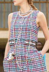 Chanel Women's Multicolor Embroidered Striped Check Cotton Tweed Round Neck Sleeveless Vest Dress Ngvp #1368