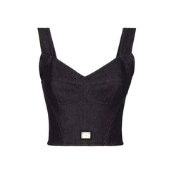 Dolce&Gabbana Women's Solid Colour Vest Washed Denim Bra Style Suspender Jacket Lined Leopard Printed #76862