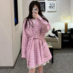 Chanel Women's Spring And Autumn Pink Plaid Flip Collar Single Breasted Thick Tweed Waist Wrapped Long Jacket Dress Ngvp #8527