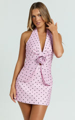 Cynthia Top - Halter Neck Tuck Detail Polka Dot Print Vest in Fondant Pink Polka Dot