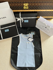 Prada Women's Summer Triangle-cut Sleeveless Knit Tank Top With Subtle Logo And Blue Lace Trim Vest Lady #84134A