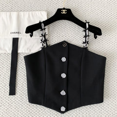 Chanel Women's Spring/Summer Waist-Defining Pearl Bow-Tie Strapless Tank Top Vest With Single-Breasted Corset-Style Front #192783