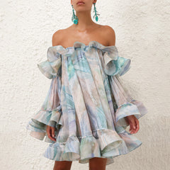 Zimmermann Women's Summer Blue Ruffle Design Adjustable Straps Silk Long Sleeve Dress #75613