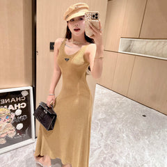 Prada Women's Summer Gilt V-Neck Knit Halter Long Dresses #72456
