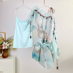 Zimmermann Women's Summer Solid Color Seascape Pattern Printed Silk Linen Ruffle Short Dress #77344