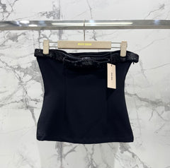 MiuMiu Women's Spring/summer Structured Embroidered Beaded Strapless Black And White Fitted Fashionable Elegant And Sexy Top/camisole Lady Vest #196563
