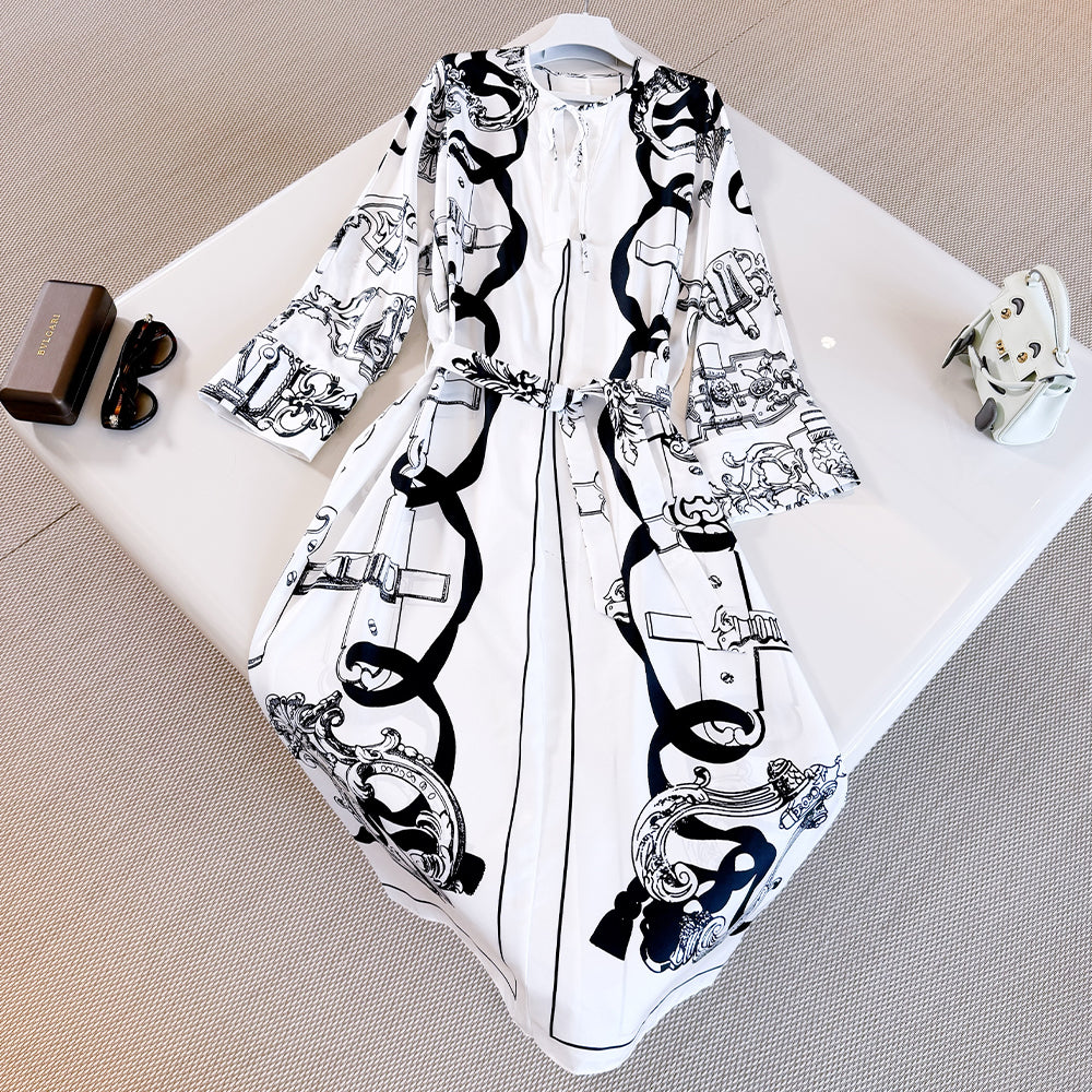 Hermes 26w Chain-detail Bow-tie Waistband Printed Silk Dress Women's Spring/summer Black And White Chain-detail Retro Elegant Maxi Luxury Dress Lady #197289