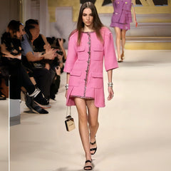 Chanel Women's Fall/Winter Pink Tweed Dress Single-Breasted Button-Down Fashionable Round Neckline Retro Barbie-Style Dress #82434A
