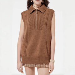Chanel Women's Spring And Autumn Brown Zipper Vintage Fashion Cashmere Knit Vest Sleeveless Single Breasted Top Ngvp #8941