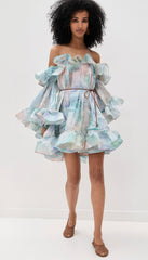 Zimmermann Women's Summer Blue Printed Silk Ruffle Strapless Mini Silk Dress #77178