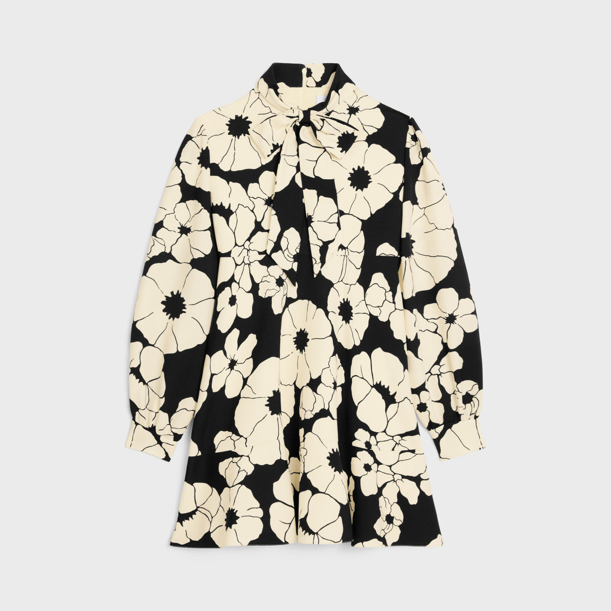 Celine Women's Summer Black And White Floral Pattern Bow Neckline Long Sleeve Dresses #76713