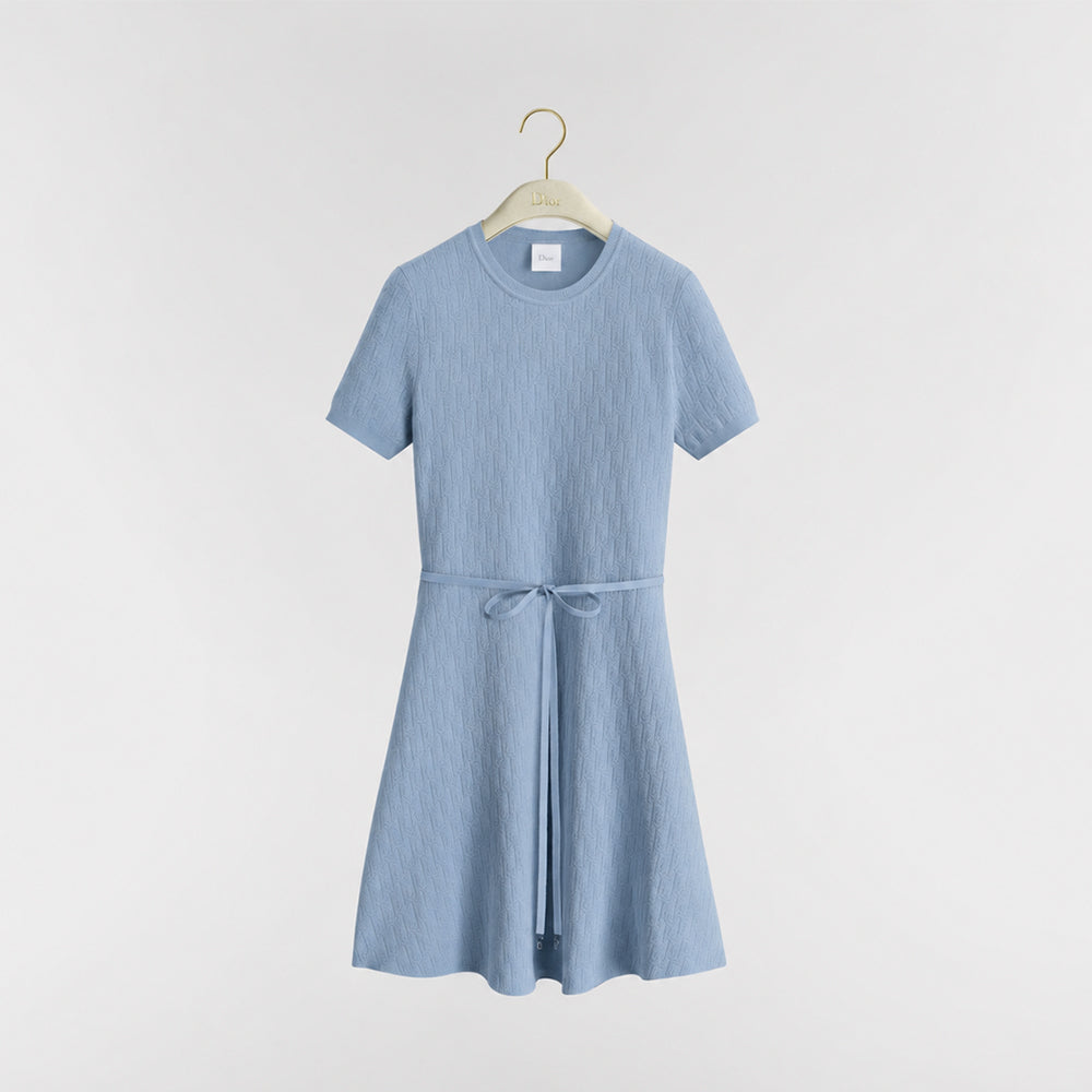 Dior Oblique Women's Beige Blue And Navy Jacquard Fitted A-line Dress With Bell Sleeves Short Sleeve Satin Belt And Cd Letter Knit Dress Lady #84131A