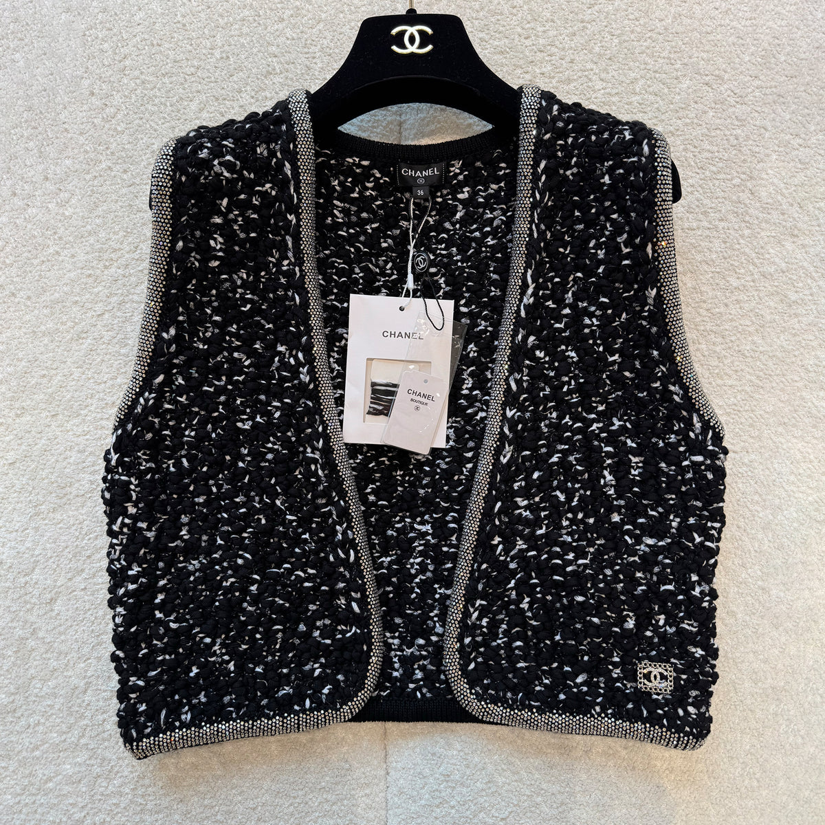 Chanel Women's Spring/Fall Knit Rhinestone-Embellished Solid-Color Cotton Sleeveless Cardigan Vest Ngvp #2396