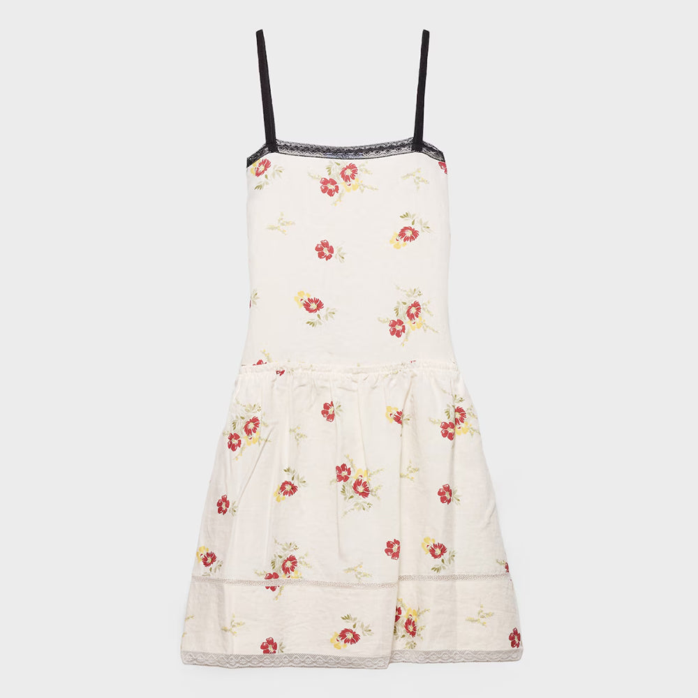 Prada Women's New Arrival 2026 Embroidered Linen Floral Sleeveless Dress Stylish Chic And Elegant Spaghetti-strap Mini Dress Lady #196982