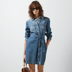 Gucci Women's Spring And Autumn Fashion Blue Denim Dress Vintage Silhouette Belted Shirt Dresses #71483