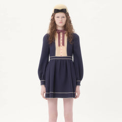 Valentino Women's Crepe Couture Velvet Colorblocking Round Neck Short Silk Wool Dress For Spring And Autumn Ngvp #1832