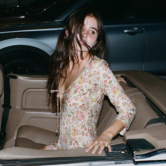 Realisation Par Women's 100% Silk Summer Vacation Style Beach Photo Deep V-neck Long-sleeved Sunscreen Short Floral Dress Temperament Elegant Dress Dresses Ngvp #1968