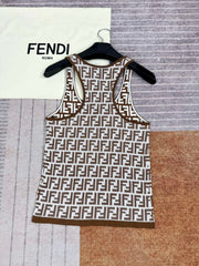 Fendi Women's Summer Brown FF Print Cotton Knit Top Fitted Sleeveless Vest #72933