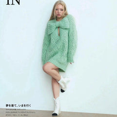 Chanel Women's Spring/Fall High-Street Bow-Neck Knit Long-Sleeve Solid-Color Mohair Wool Short Dress Dresses Ngvp #2597