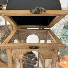 Refined Classic Natural Wood and Black Iron Lanterns, Set of 2
