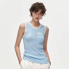 Prada Women's Summer Triangle-cut Sleeveless Knit Tank Top With Subtle Logo And Blue Lace Trim Vest Lady #84134A