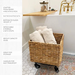 Large Water Hyacinth Woven Basket with Detachable Wheels