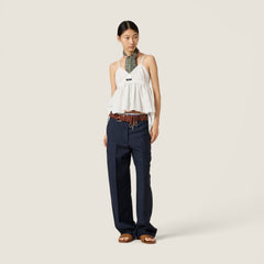 MiuMiu Women's Poplin-textured Embroidered Spaghetti-strap Top Spring/summer White Lace Cropped Tank Top Lady Vest #84198A