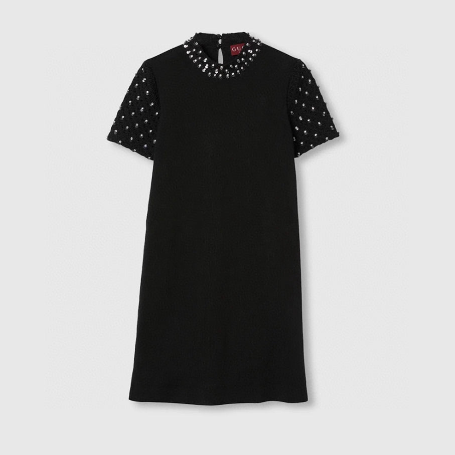 Gucci Women's Summer Solid Color Round Neck Beaded Rhinestone Embroidery Short Sleeve Knit Dresses Ngvp #9759