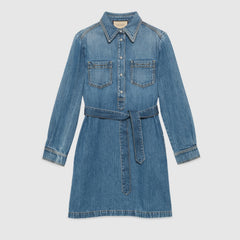 Gucci Women's Spring And Autumn Fashion Blue Denim Dress Vintage Silhouette Belted Shirt Dresses #71483