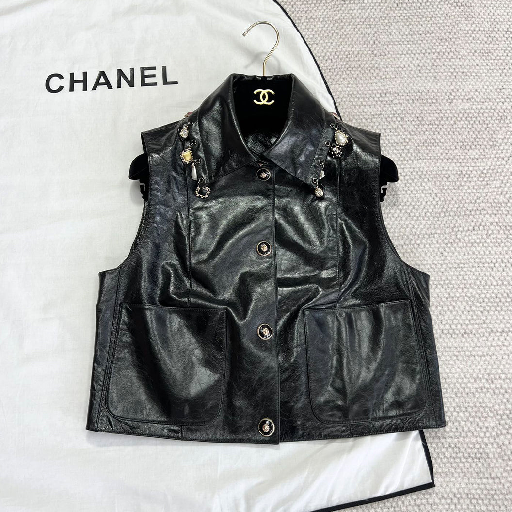 Chanel Women's Spring And Autumn Fashion Lapel Multi-Pocket Leather Sleeveless Vest Jacket #71743