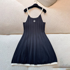 Chanel Women's Spring/Summer Color-Block Jacquard Knit Spaghetti Strap Dress Fashionable Vacation Casual Mini Dress Lady #82732A