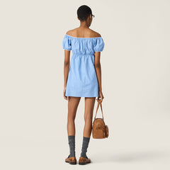 MiuMiu Women's Spring/summer Blue Striped Checkered Poplin Dress A Retro And Elegant Short-sleeve Mini Dress Lady Dress #84236A