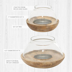 Wooden and Glass Cloche Candle Holders, Set of 2