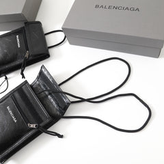 Balenciaga Men's And Women's New Oil Wax Leather Logo Phone Bag Messenger Bag Black Classic Color Mini Wallet Bags #195351