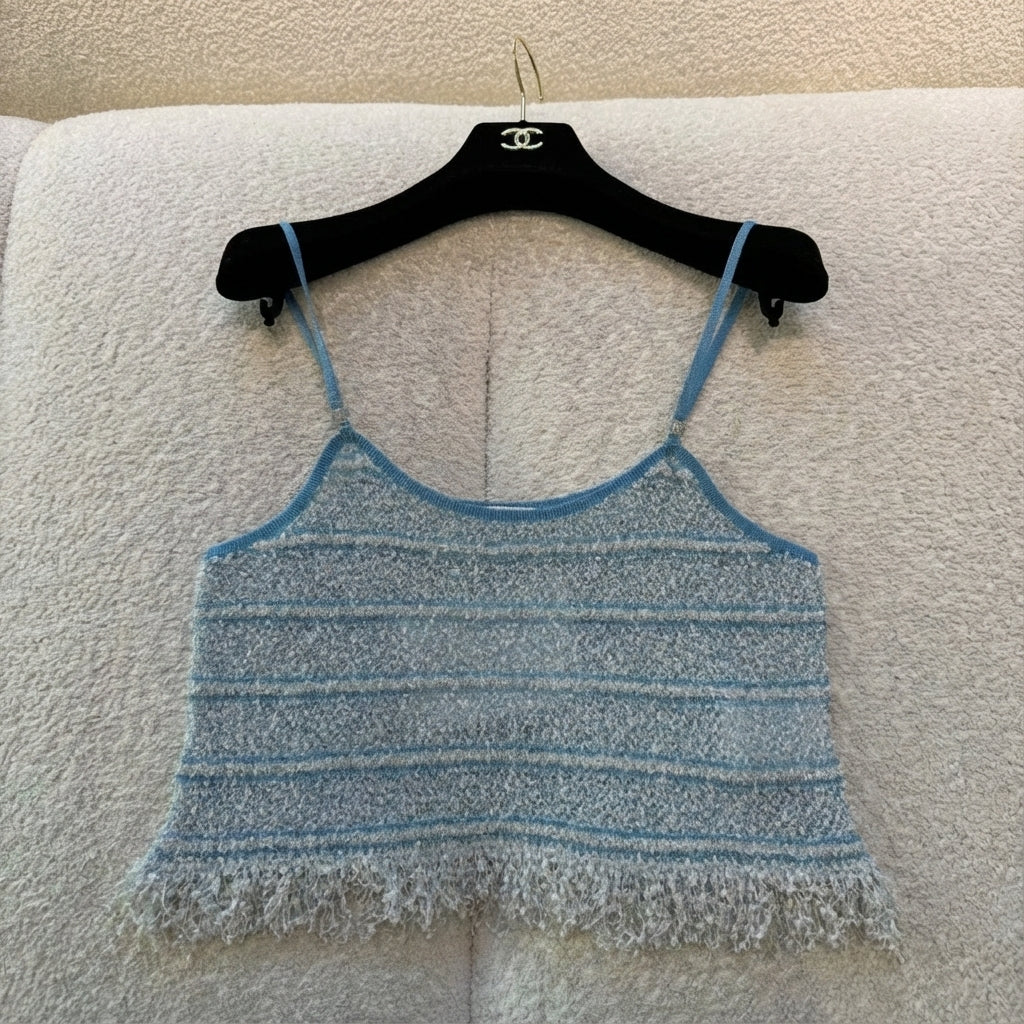 Chanel Women's Blue And White Fringe Halter Tank Top 26 New Arrival Resort Collection Fashionable Spring/summer Trend Tank T-shirt Vest #82384A
