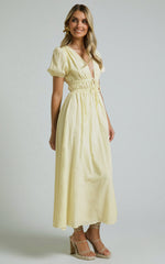 Portofino Midi Dress - V Neck Puff Sleeve Dress in Yellow